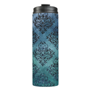 Zwart en blauw damast thermosbeker