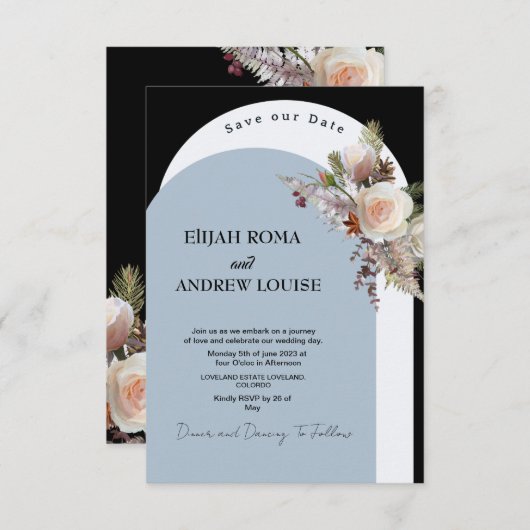 Zwart en blauw Elegant Boho Boog Huwelijk Kaart (Voorkant / Achterkant)