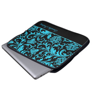 Zwart en blauw Floral Damascus-Mnogram Laptop Sleeve