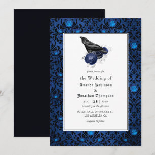 Zwart en Blauw Gotisch Bloemen Bruiloft Kaart
