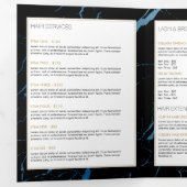 Zwart en blauw marmeren salon of productbrochure drieluik kaart (Binnenzijde eerst)