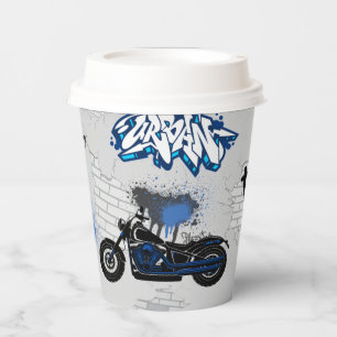 Zwart en blauw motorfiets grijs papieren bekers