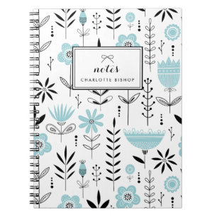 Zwart en blauw Scandinavisch Bloempatroon Notitieboek