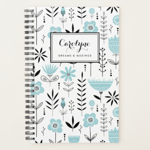 Zwart en blauw Scandinavisch Bloempatroon Planner