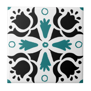 Zwart en Blauwgroen gecompliceerd Floral patroon Tegeltje