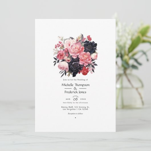 Zwart en Blush Bloemen Bruiloft Kaart (Staand voorkant)