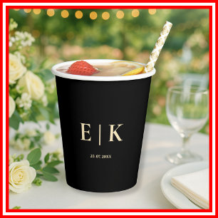 Zwart en Boter Geel Monogram Huwelijk Papieren Bekers