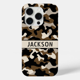 Zwart en bruin camouflage gepersonaliseerd iPhone 15 pro case