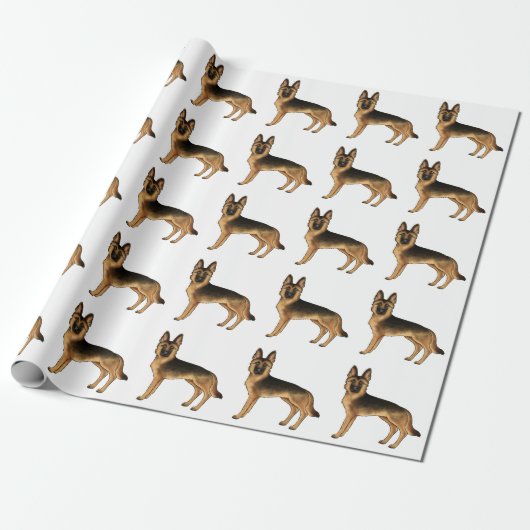 Zwart en bruin Duits herder cartoon hond patroon Cadeaupapier (Uitgerold)