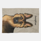 Zwart en bruin Duits Herder Hoofd en Naam Beige Theedoek (Horizontaal)