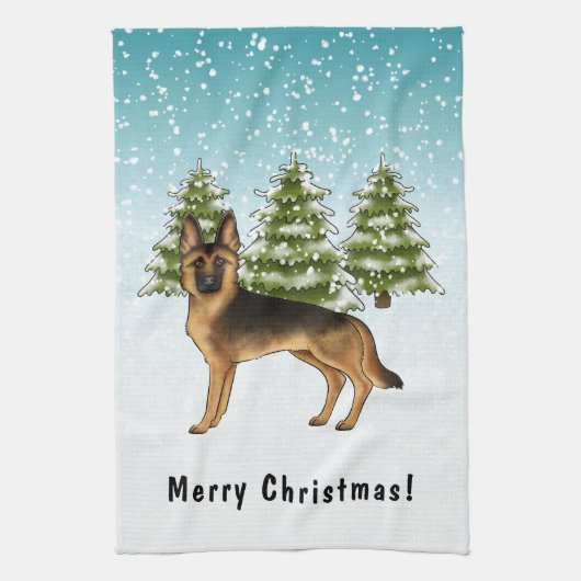 Zwart en bruin Duits herdershond Winterbos Theedoek (Verticaal)