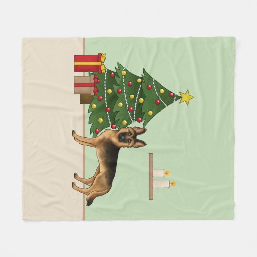 Zwart en bruin Duitse herder en een kerstboom Fleece Deken (Voorkant (Horizontaal))