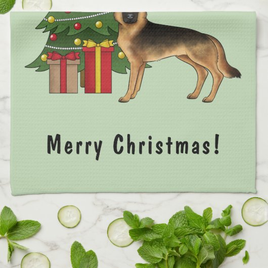 Zwart en bruin Duitse herder en een kerstboom Theedoek (Gevouwen)