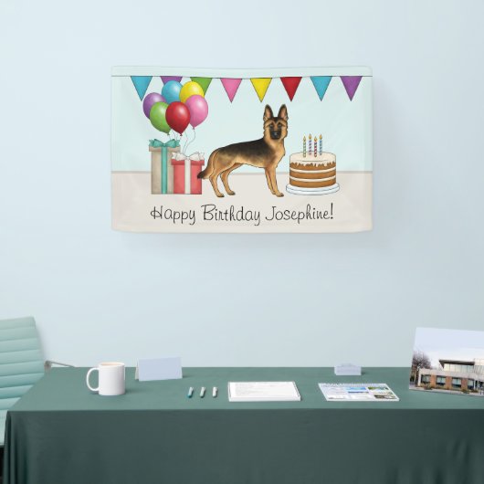 Zwart en bruin Duitse herder kleurrijke verjaardag Spandoek (Beurs)