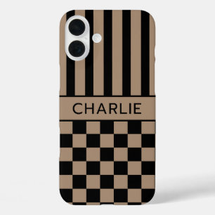 Zwart en bruin geruit gestreept gepersonaliseerd iPhone 16 plus hoesje