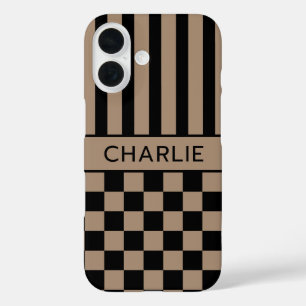 Zwart en bruin geruit gestreept gepersonaliseerd iPhone 16 hoesje