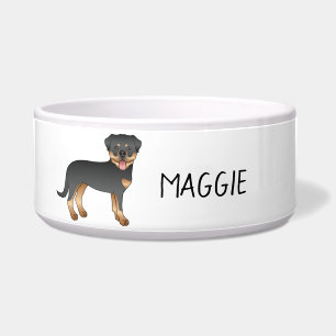 Zwart en bruine Rottweiler Cute Cartoon-hond en na Voerbakje