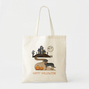 Zwart en bruine Rottweiler Halloween spookhuis Tote Bag