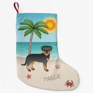 Zwart en bruine Rottweiler op een tropisch zomerse Kleine Kerstsok