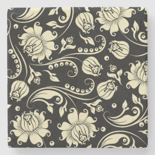 Zwart en crème  bloemdamast stenen onderzetter