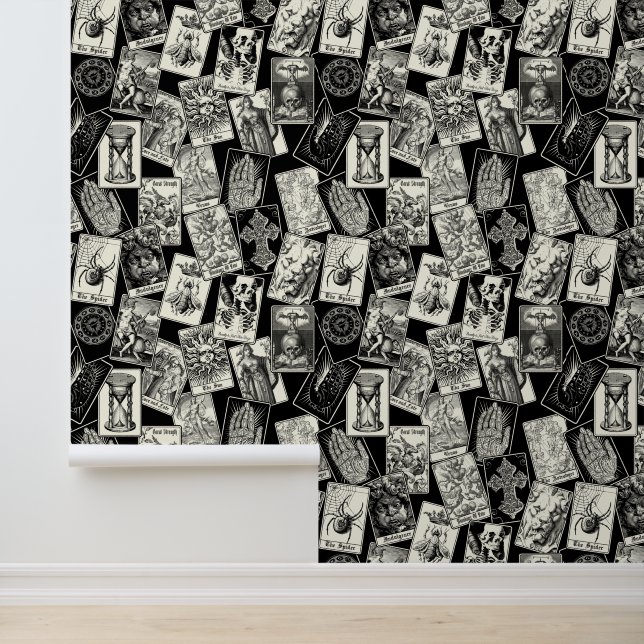  zwart en crème gotische gravure tarot behang (Applicatie)