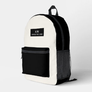 Zwart en crème minimalistisch monogram en naam bedrukte rugzak