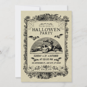 Zwart en Crème Vintage Halloween-feestuitnodiging Kaart