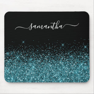 Zwart en donker turquoise glitters elegantere naam muismat