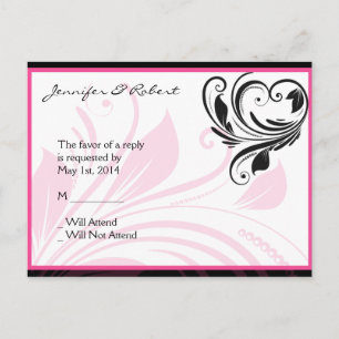 Zwart en Donkerroze Bloemen Scroll RSVP Briefkaart