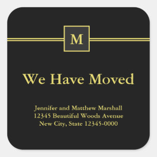 Zwart en Faux Gold Monogram Bewegende aankondiging Vierkante Sticker