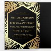 Zwart en Faux Gouden Folie Tropische Palm Bruiloft Drieluik Uitnodiging (Binnenzijde eerst)