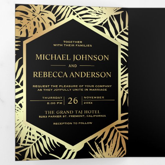 Zwart en Faux Gouden Folie Tropische Palm Bruiloft Drieluik Uitnodiging (Binnenzijde eerst)