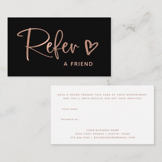 Zwart en Faux Roos Gold Script en hart | Aanbevelingskaartje (Voorkant / Achterkant)