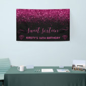 Zwart en faux roze glitter Sweet 16 Spandoek (Beurs)