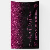 Zwart en faux roze glitter Sweet 16 Spandoek (Verticaal)
