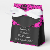 Zwart en fuchsia roze damast bruiloft bedankdoosjes (Voorkant Zijde)