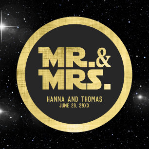 Zwart en geborsteld goud Mr en Mrs Wedding Ronde Sticker