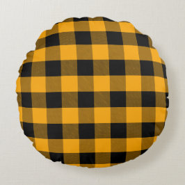 Zwart en Geel Buffalo Plaid Patroon Rond Kussen