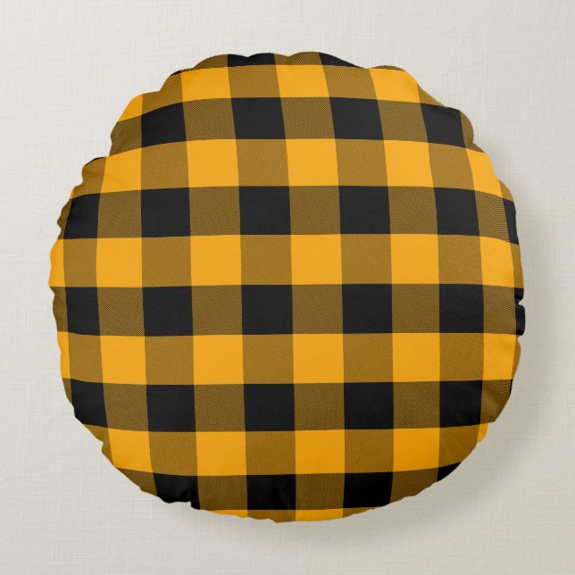 Zwart en Geel Buffalo Plaid Patroon Rond Kussen (Voorkant)