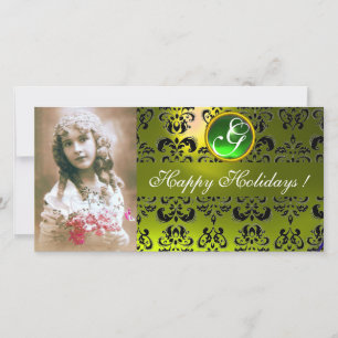 ZWART EN GEEL DAMAST Groen Smaragd Monogram Feestdagenkaart