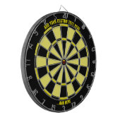 Zwart en geel Dartbord met aangepaste tekst (Voorkant Links)