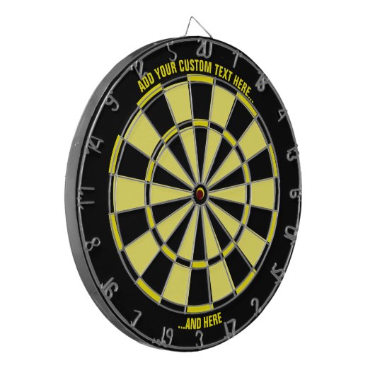 Zwart en geel Dartbord met aangepaste tekst (Voorkant Links)