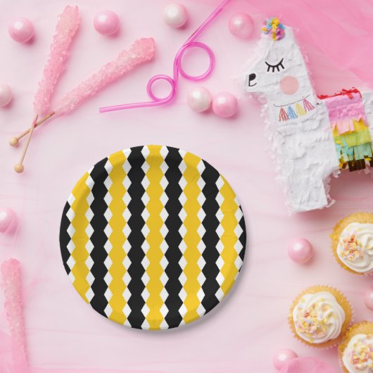 Zwart en geel Geometric Funky Modern Patroon Papieren Bordje (Feest)