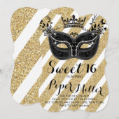 Zwart en Glitter Gold Masquerade Sweet 16 Kaart (Voorkant / Achterkant)