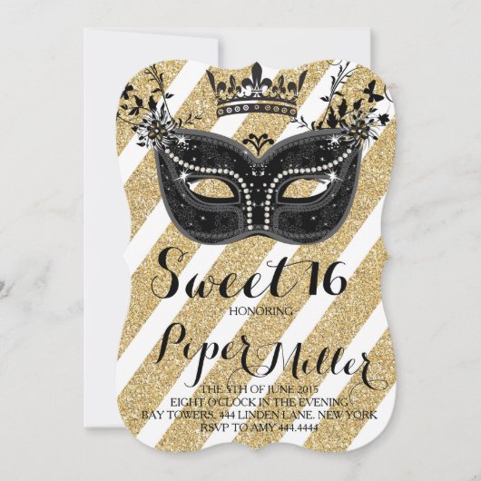 Zwart en Glitter Gold Masquerade Sweet 16 Kaart (Voorkant)