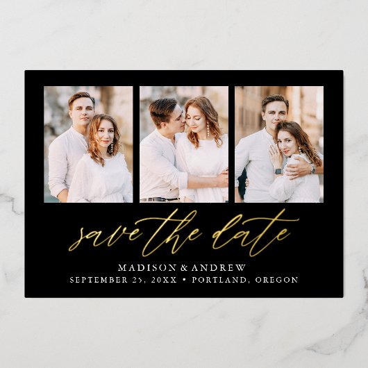 Zwart en Gold Script 3 Foto Opslaan Datum Folie Uitnodiging (Voorkant)