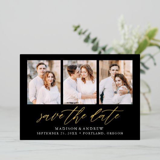 Zwart en Gold Script 3 Foto Opslaan Datum Folie Uitnodiging (Staand Voorkant)
