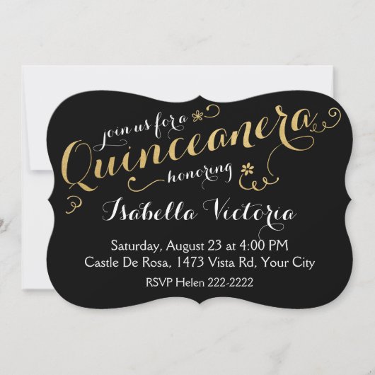 Zwart en Gold Script Quinceañera Kaart (Voorkant)