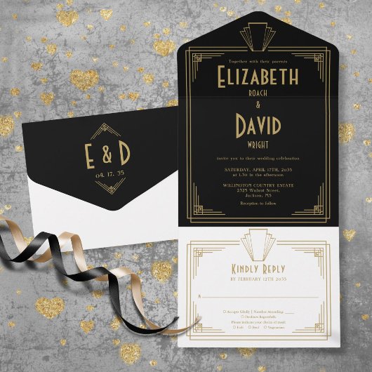 Zwart en goud 1920s Art Deco Monogram bruiloft All In One Uitnodiging