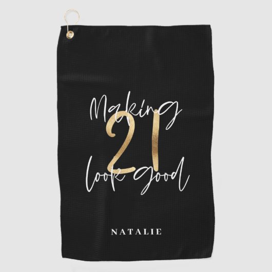 Zwart en goud 21ste verjaardag modern script stijl golfhanddoek (Voorkant)